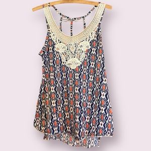 French Laundry Shirt - Colorful Print - Lace Detail - Sleeveless